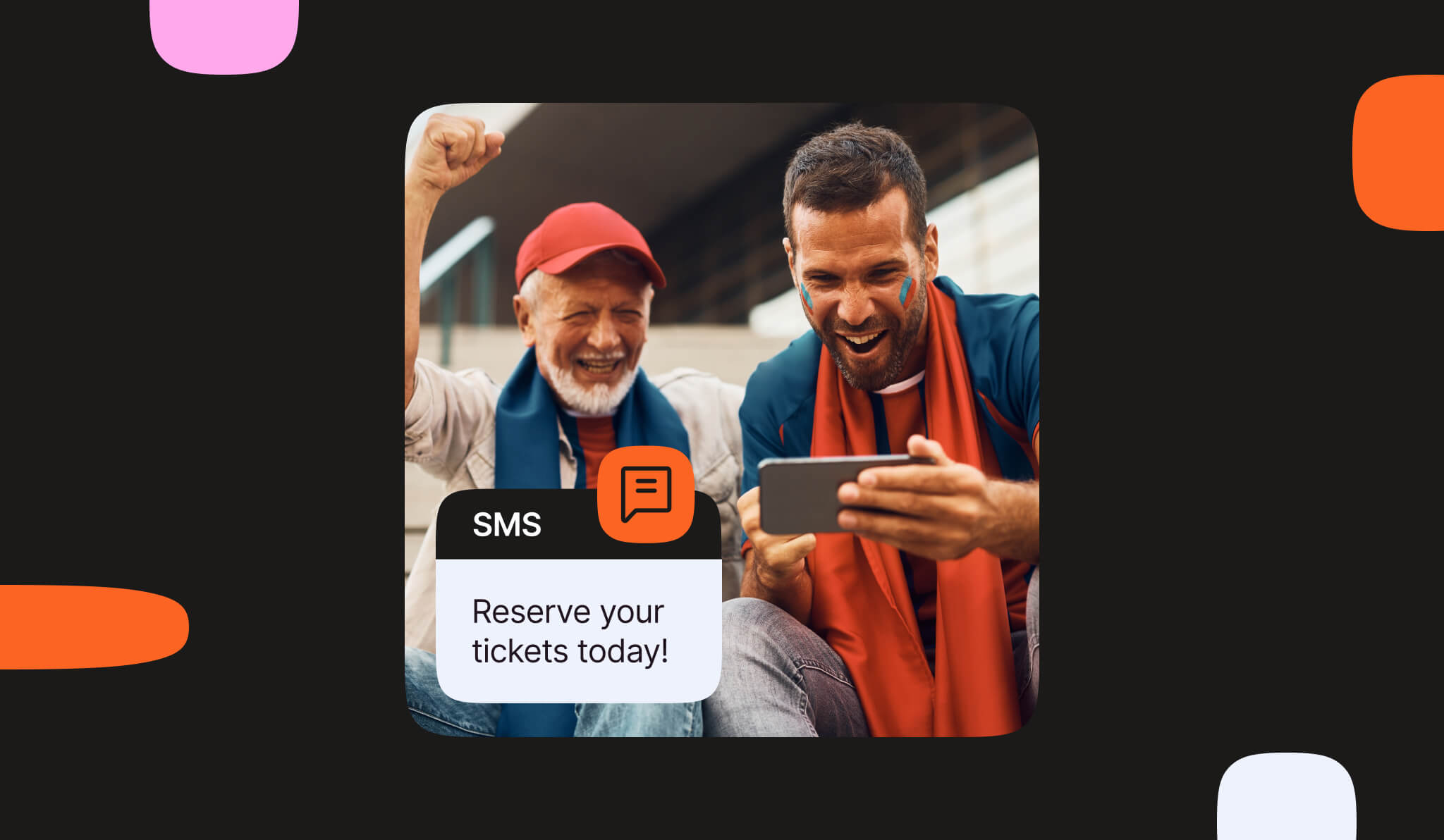 Promotional message encouraging ticket reservation via SMS, with fans celebrating at a sports event.