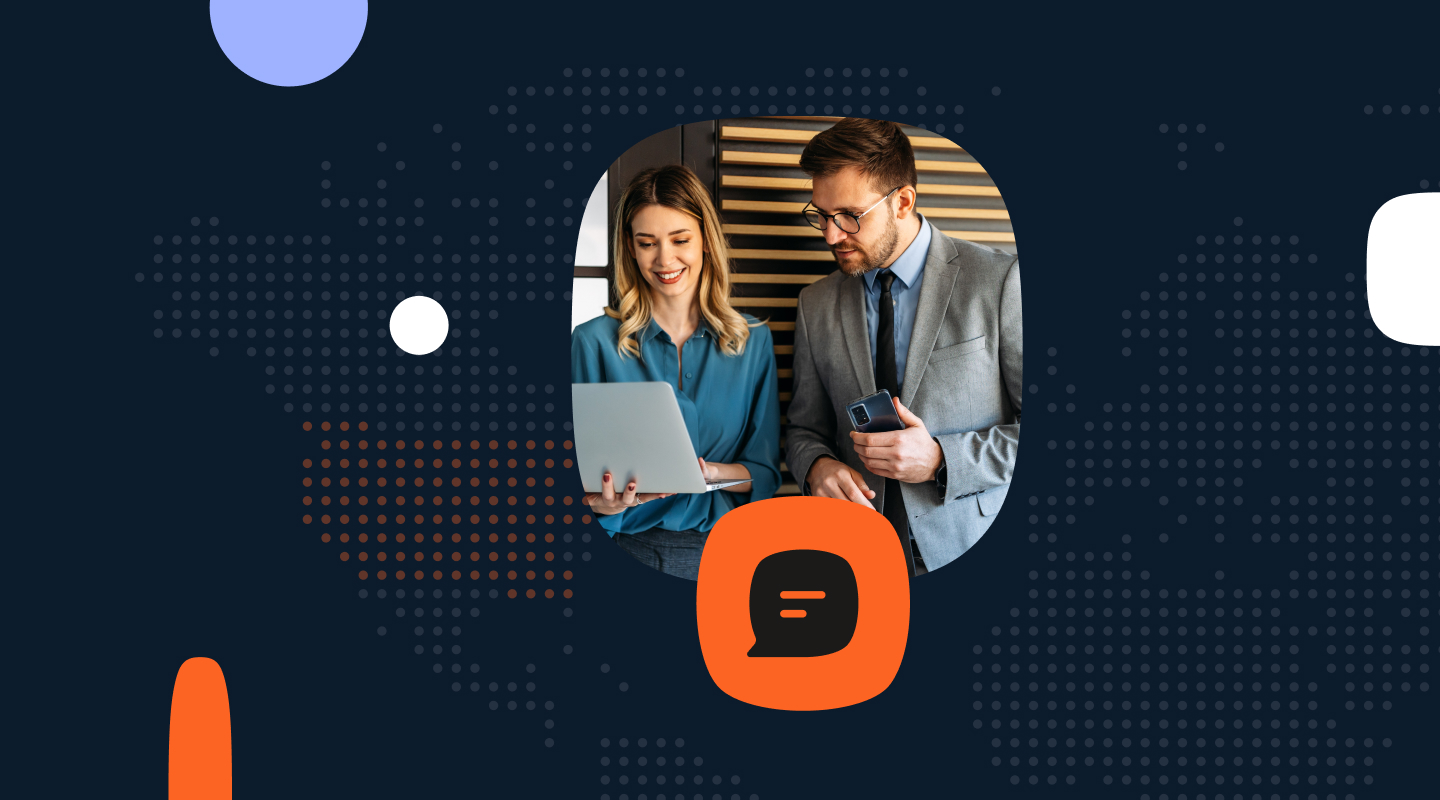 Decorative header image for blog about TCPA compliance in the US showing a man and a woman looking at a laptop.