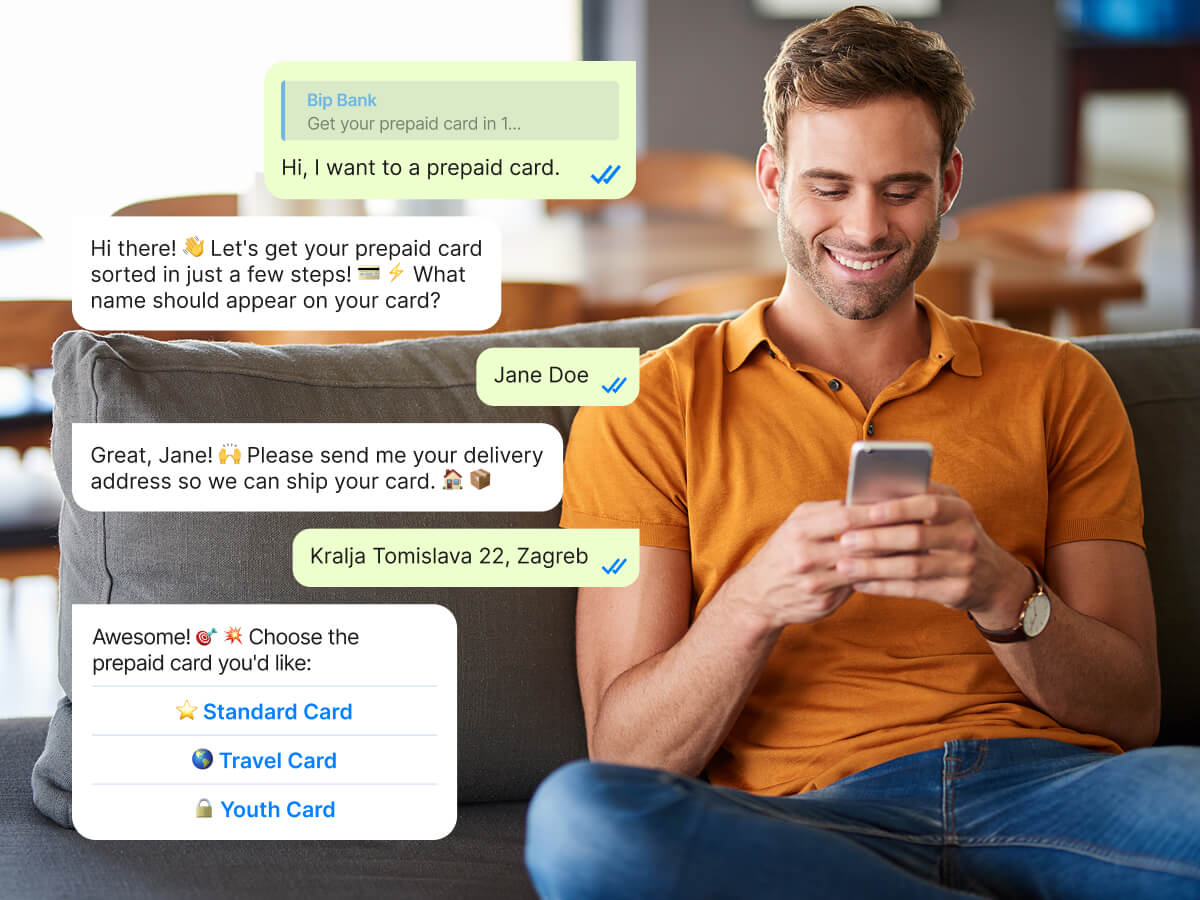 WhatsApp chatbot conversation guiding a customer through ordering a prepaid bank card, with interactive reply buttons for card type selection.