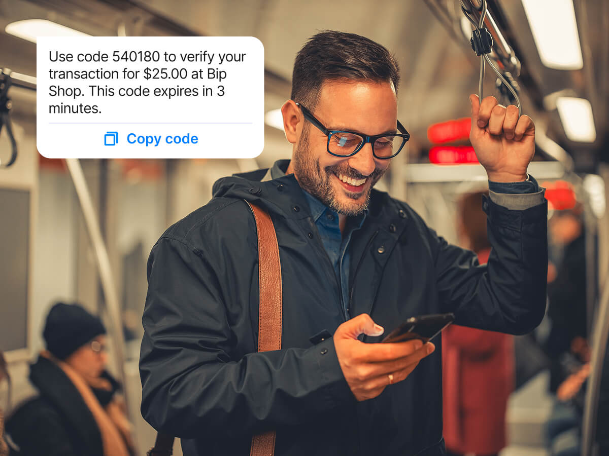 WhatsApp one-time passcode message with a verification code for a $25.00 transaction at Bip Shop, expiring in 3 minutes.