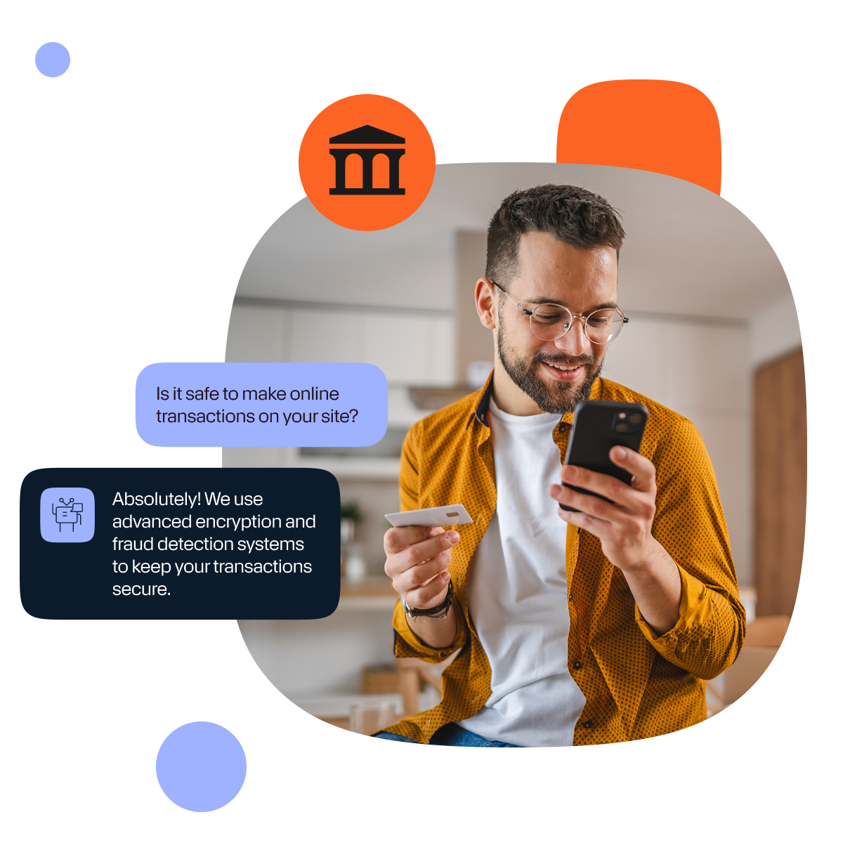 Decorative photo of men holding a mobile phone and credit card, texts floating around