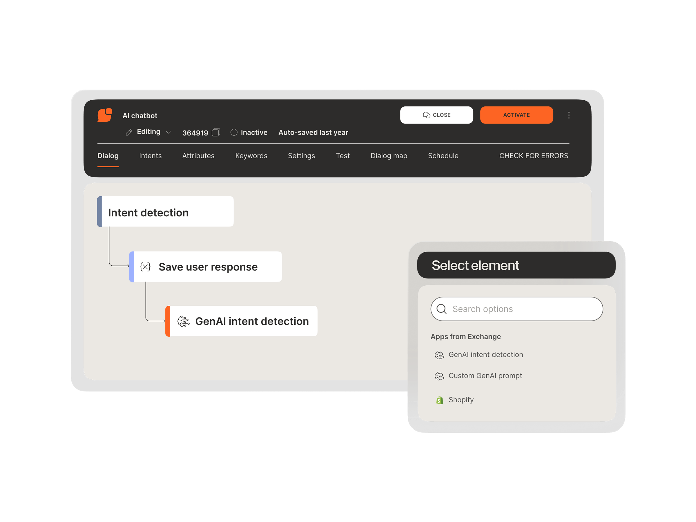 Chatbot dialog builder with GenAI intent detection element and Exchange apps integration panel including Shopify