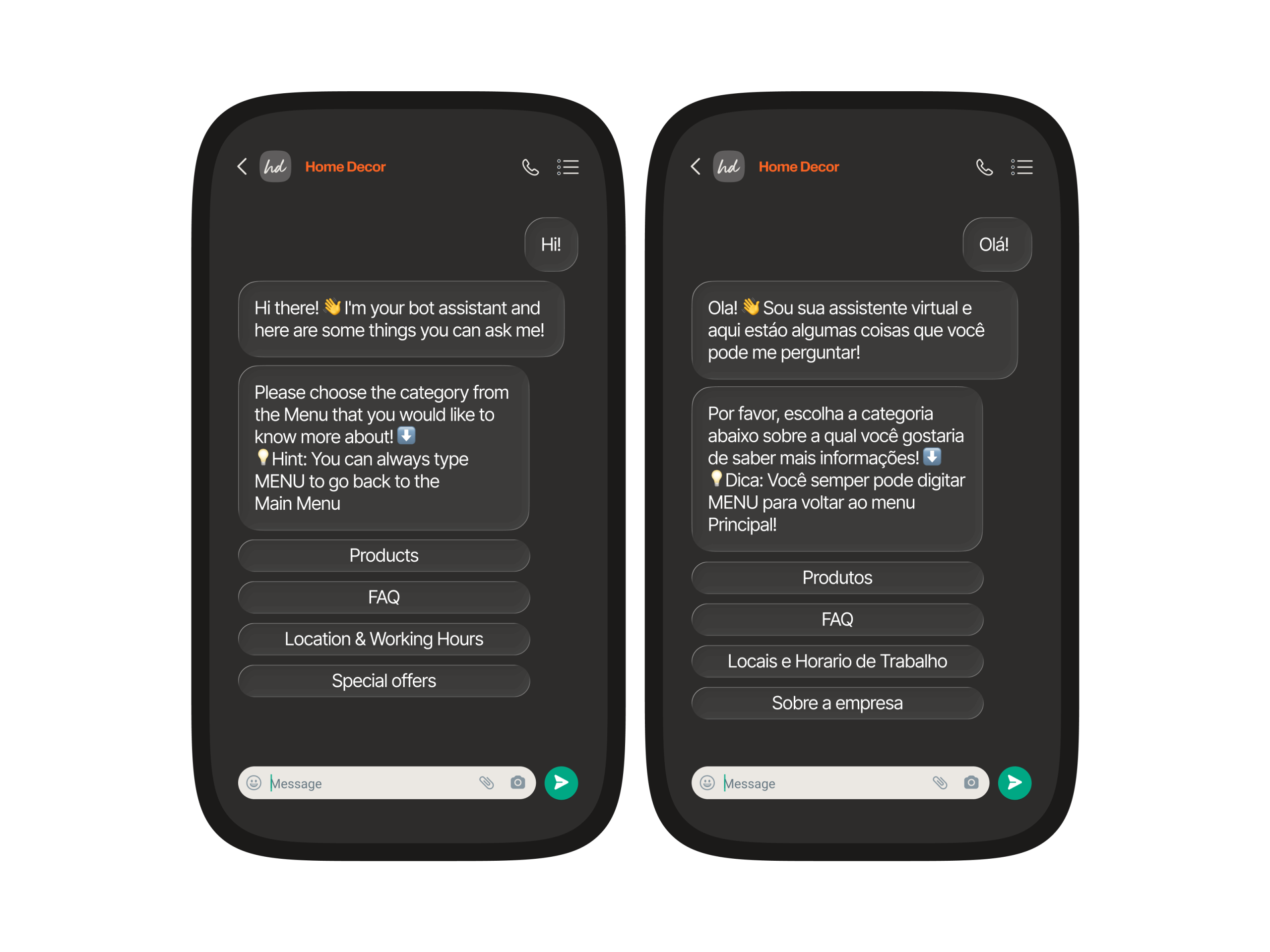 Side-by-side chatbot conversations in English and Portuguese demonstrating multilingual bot support