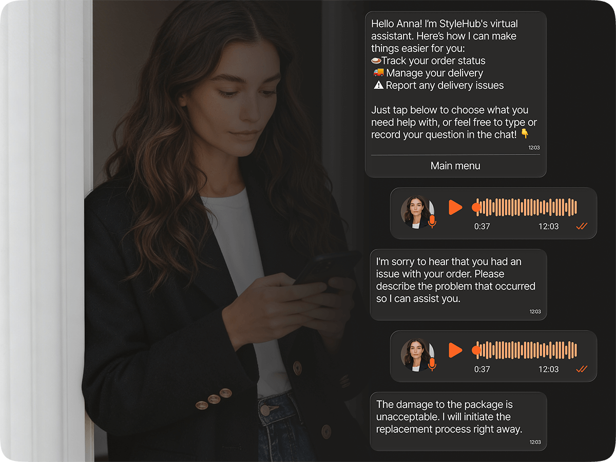 Woman using phone with chatbot conversation showing voice message support for customer service interactions