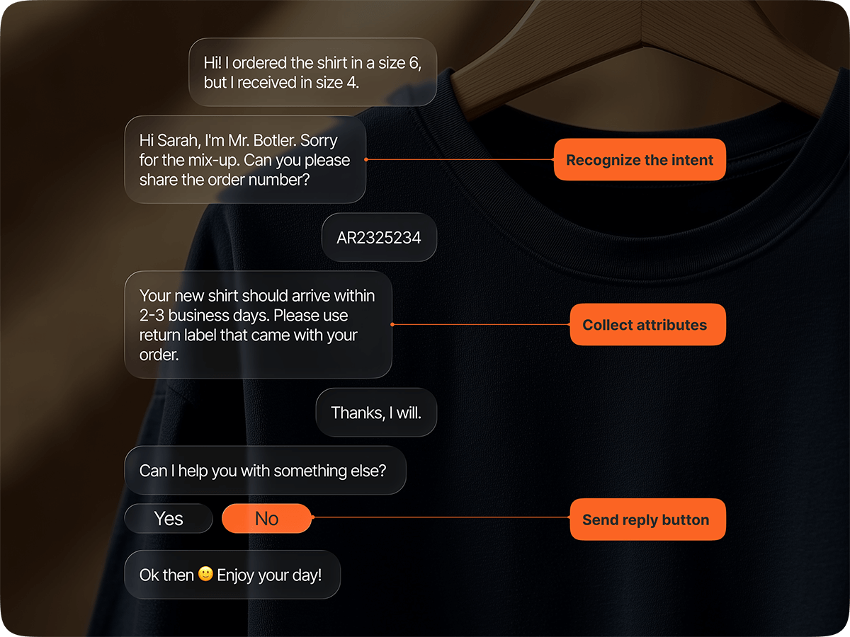 Chatbot conversation resolving a wrong shirt size complaint with intent recognition, attribute collection, and reply buttons