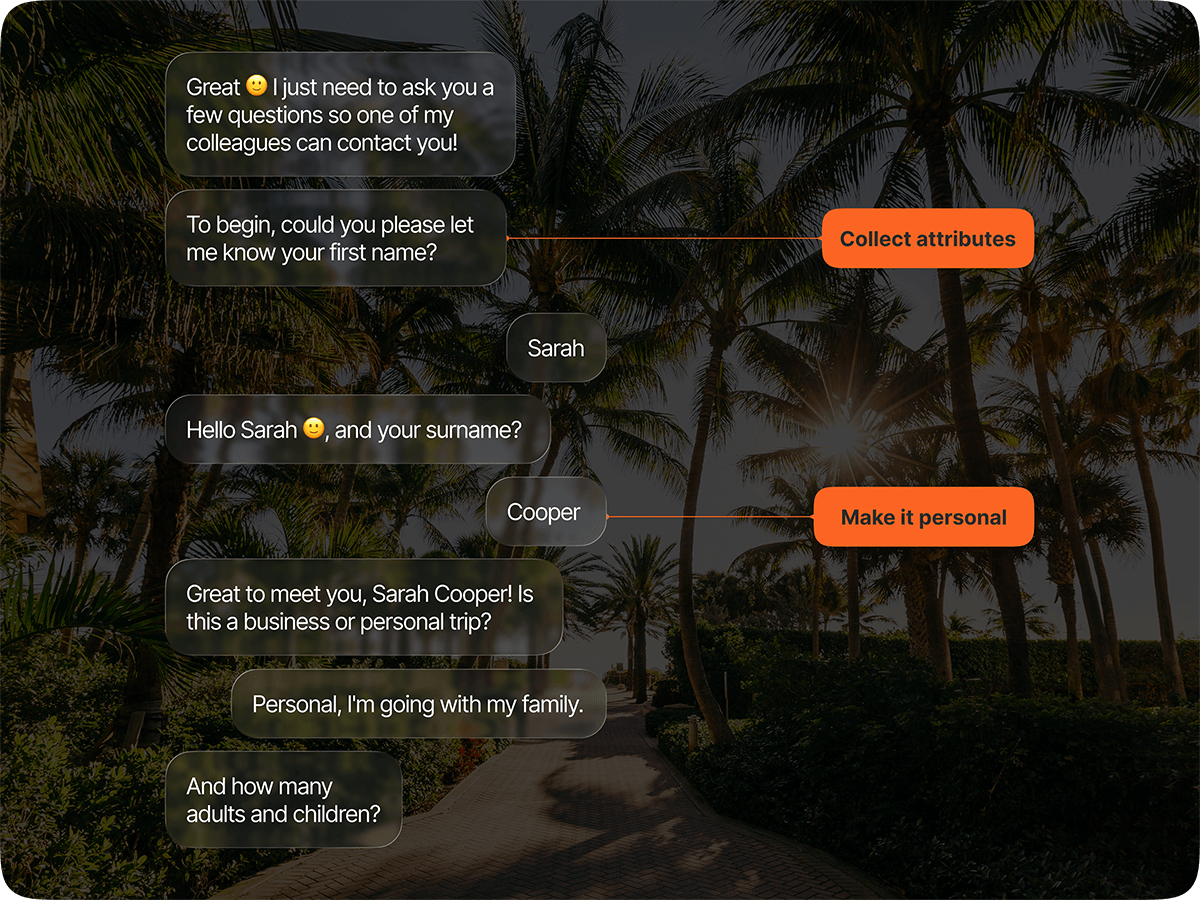 Travel chatbot collecting visitor name and trip details for lead qualification in a personalized conversation