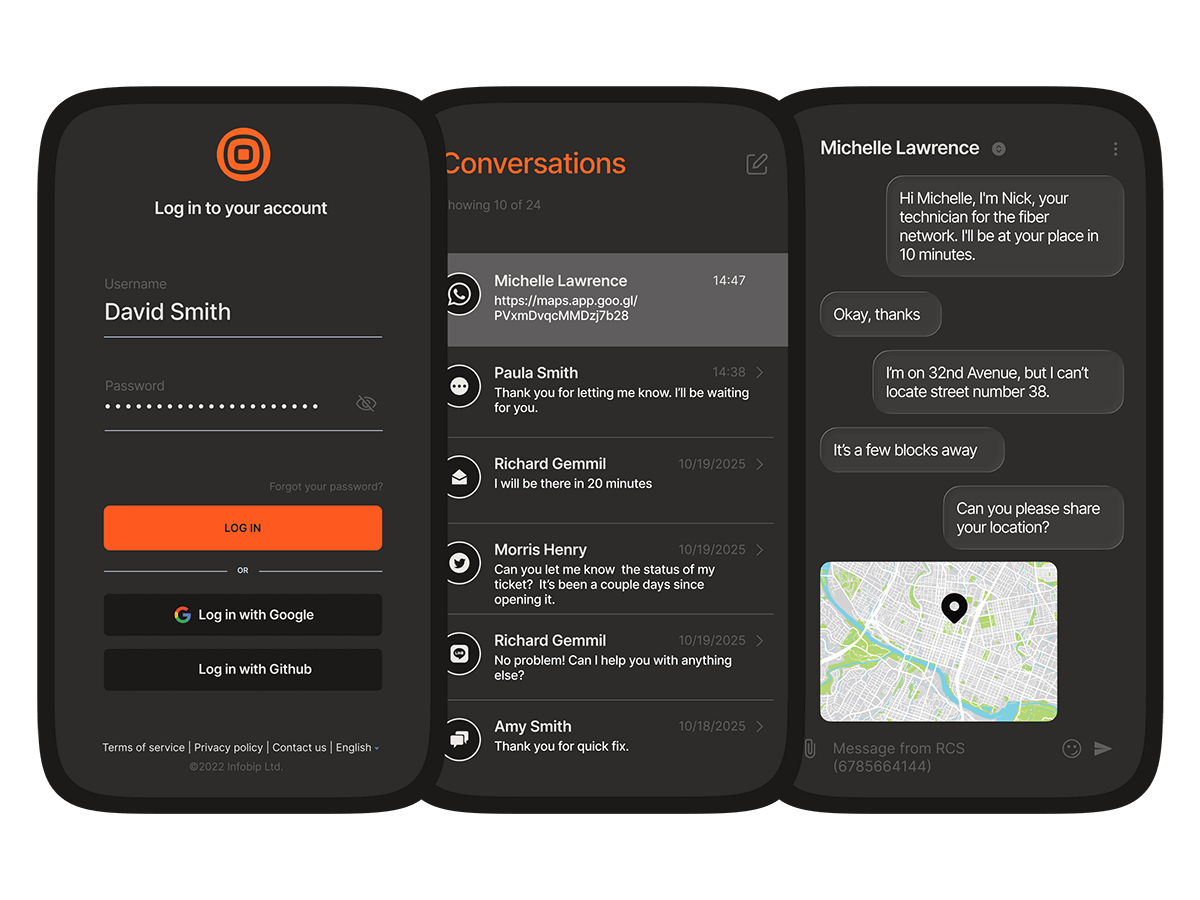 Agent mobile app showing login screen, conversation inbox, and an RCS chat where a field technician shares location with a customer