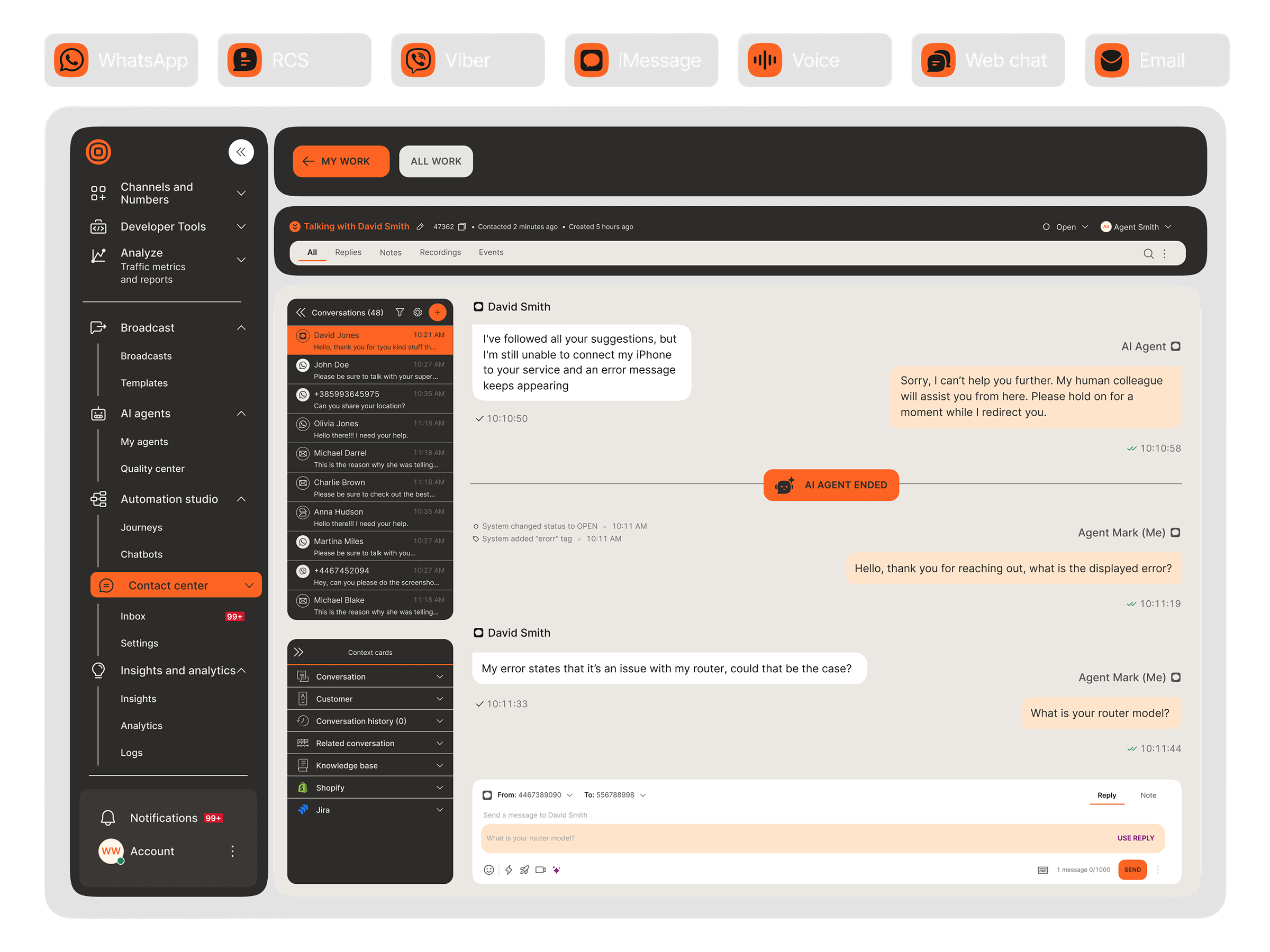 AgentOS desktop workspace with omnichannel support across WhatsApp, RCS, Viber, iMessage, Voice, Web chat, and Email, showing AI-to-human agent handoff in a live conversation