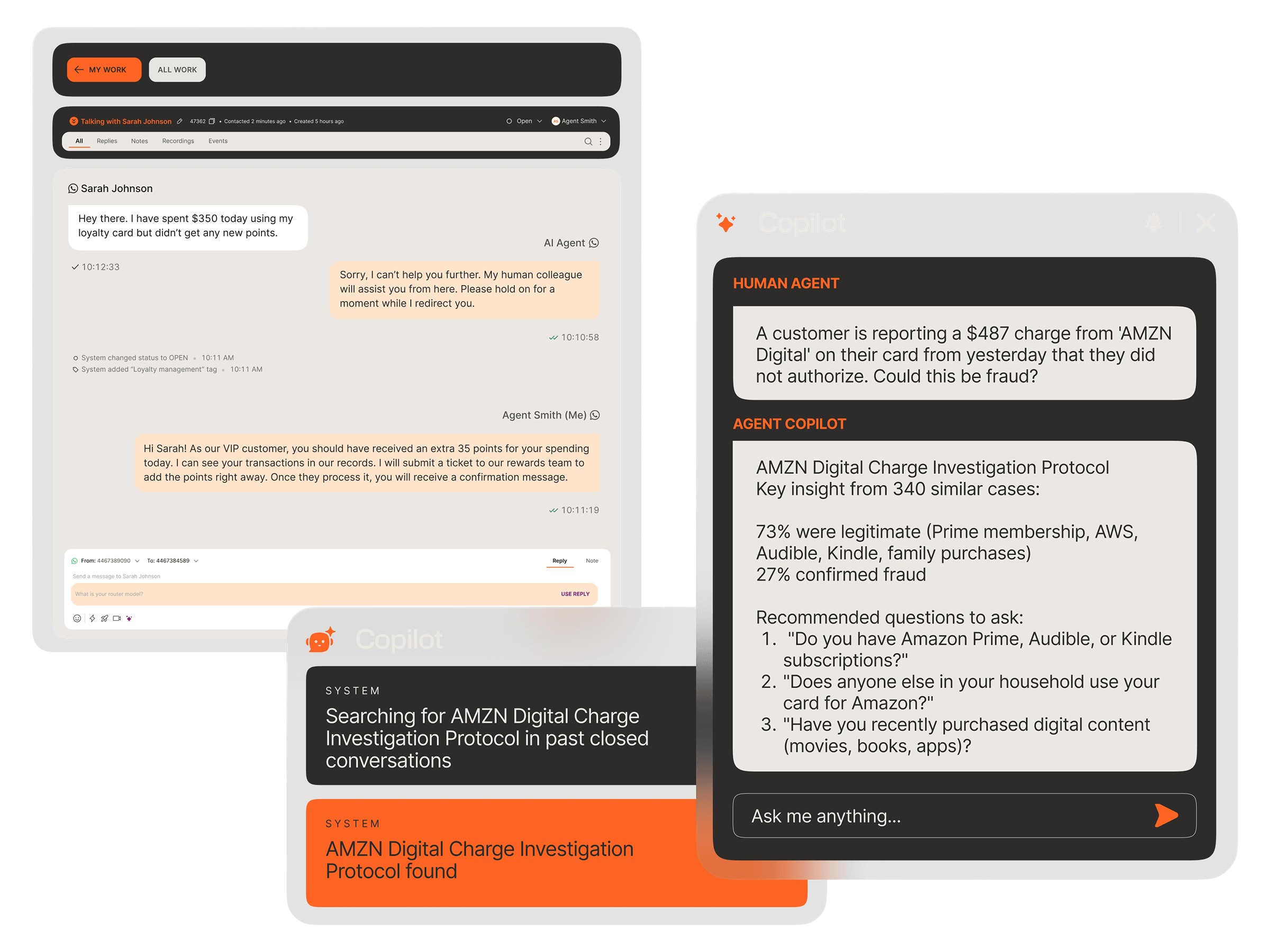 Agent Copilot panel analyzing a potential fraud case, surfacing insights from 340 similar cases and suggesting diagnostic questions for the agent to ask