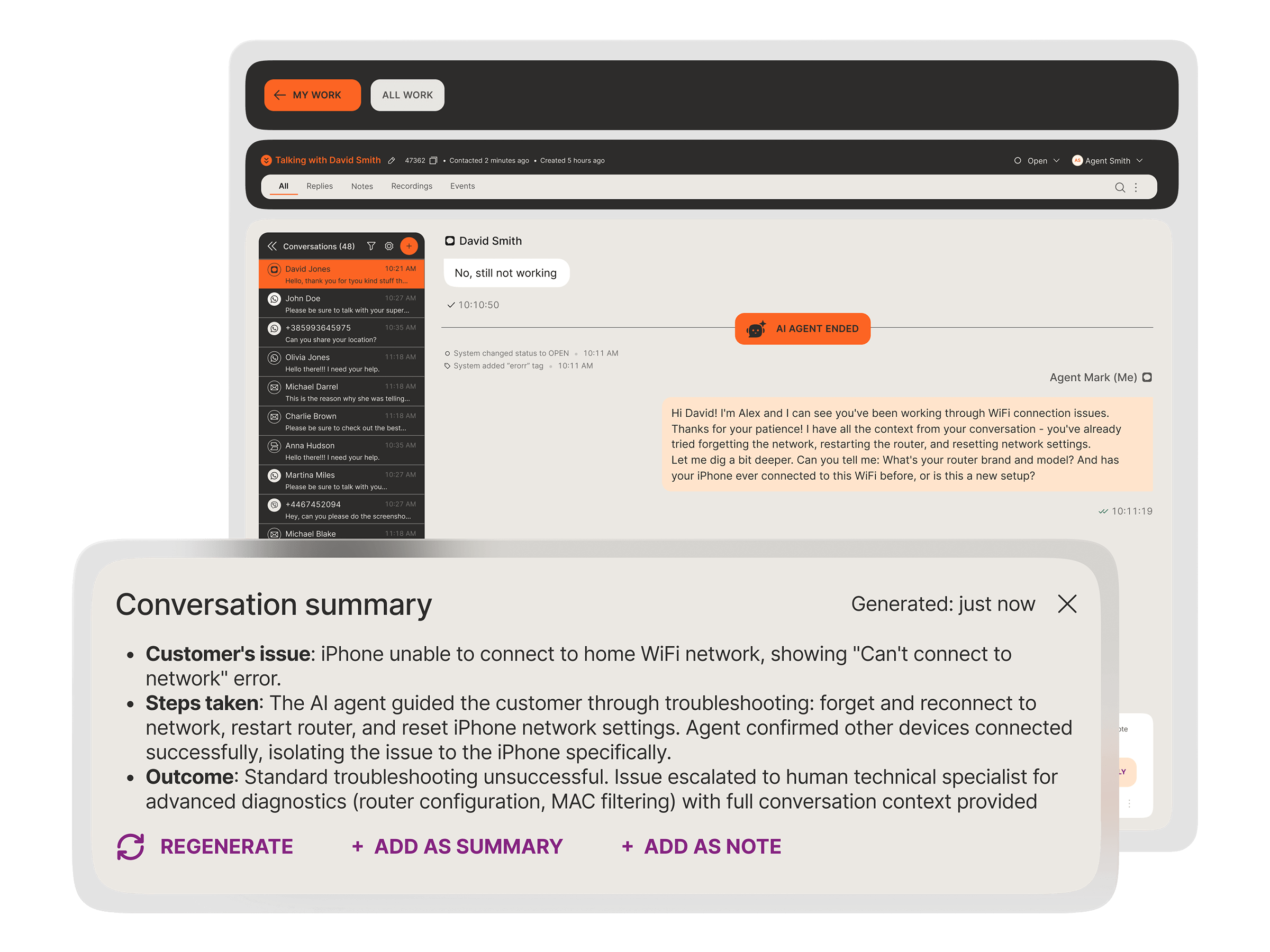 AI-generated conversation summary capturing the customer's WiFi issue, troubleshooting steps taken by the AI agent, and escalation outcome