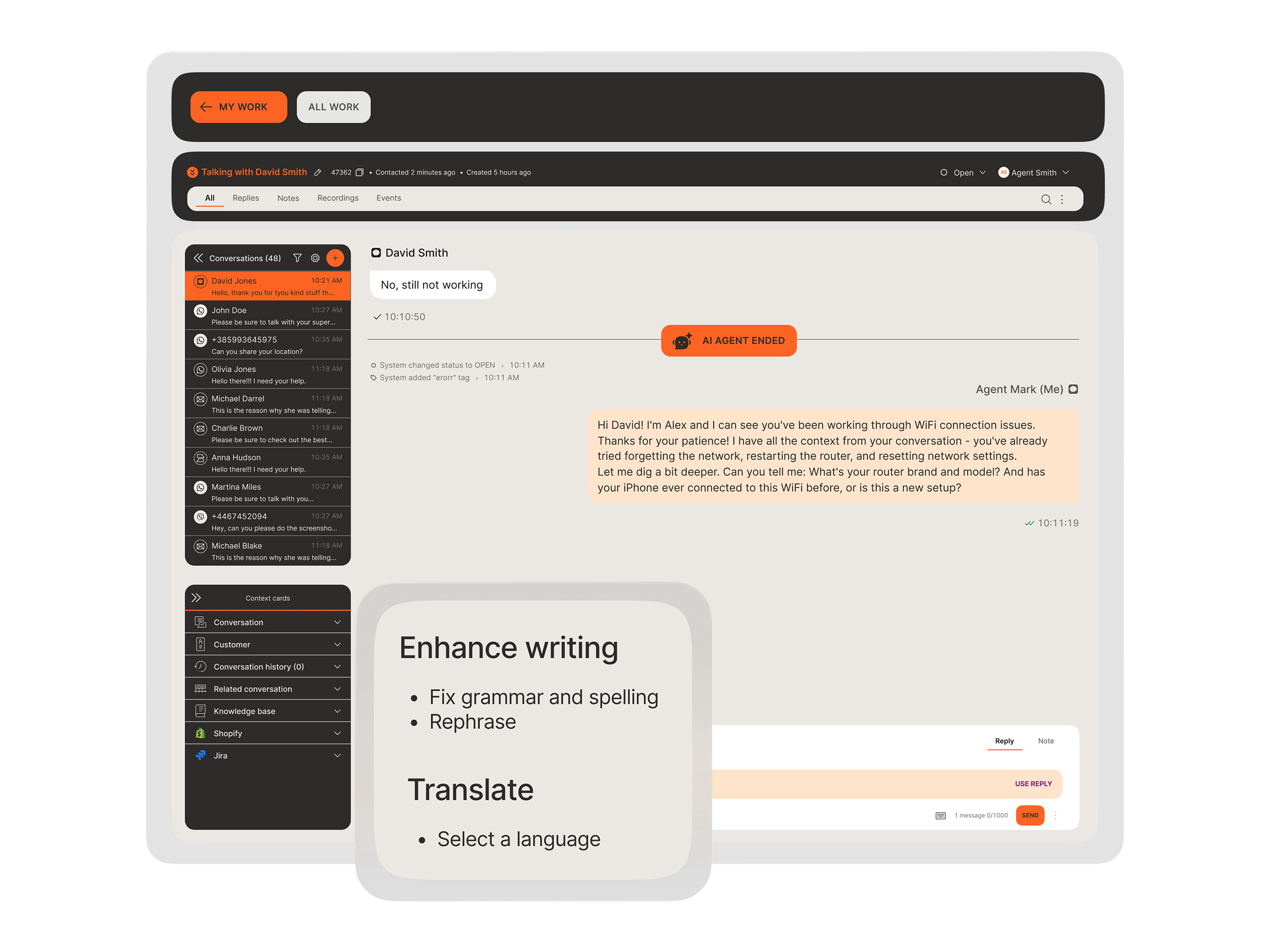 AI writing assistant popup offering grammar fixes, rephrasing, and translation options to help agents compose replies