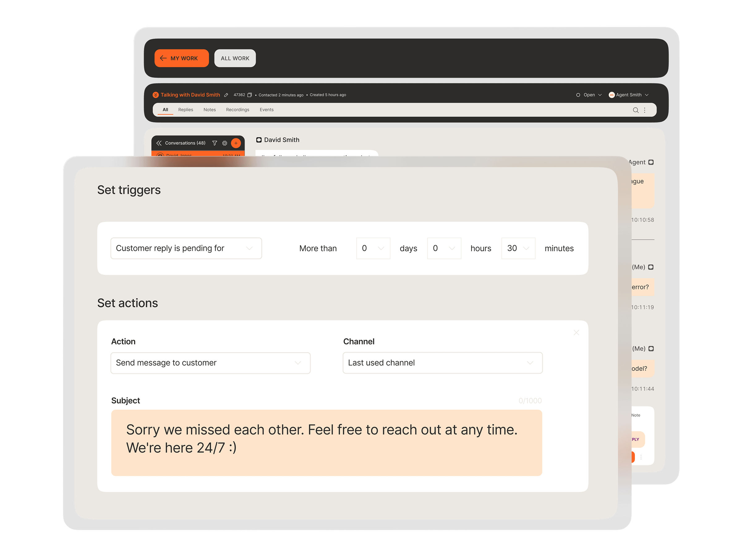 Workflow automation setup with a trigger for pending customer replies after 30 minutes and an action to send a follow-up message on the last used channel