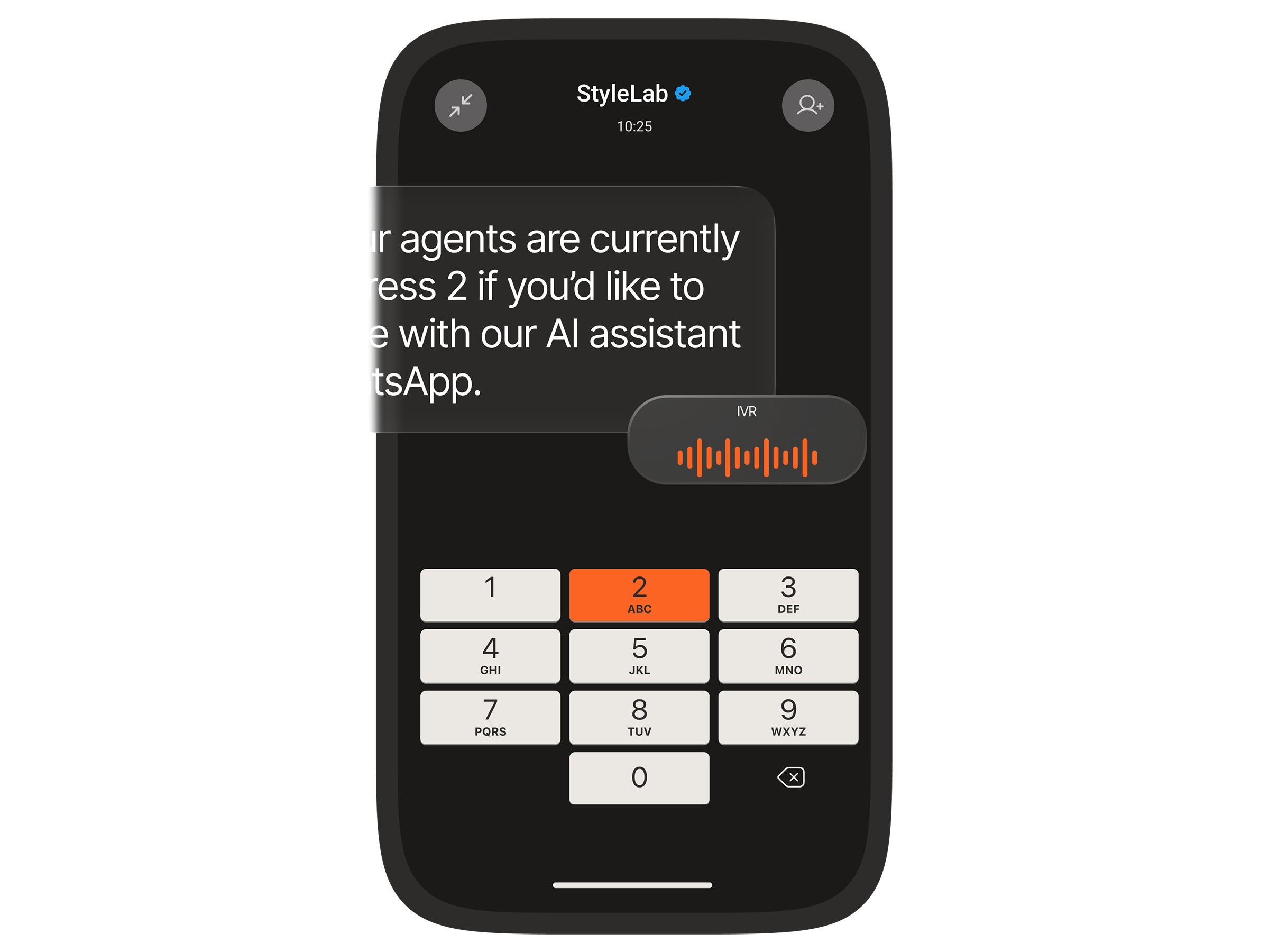 Phone screen during an IVR call offering to redirect the caller to an AI assistant on WhatsApp when agents are busy, with the dial pad showing option 2 highlighted