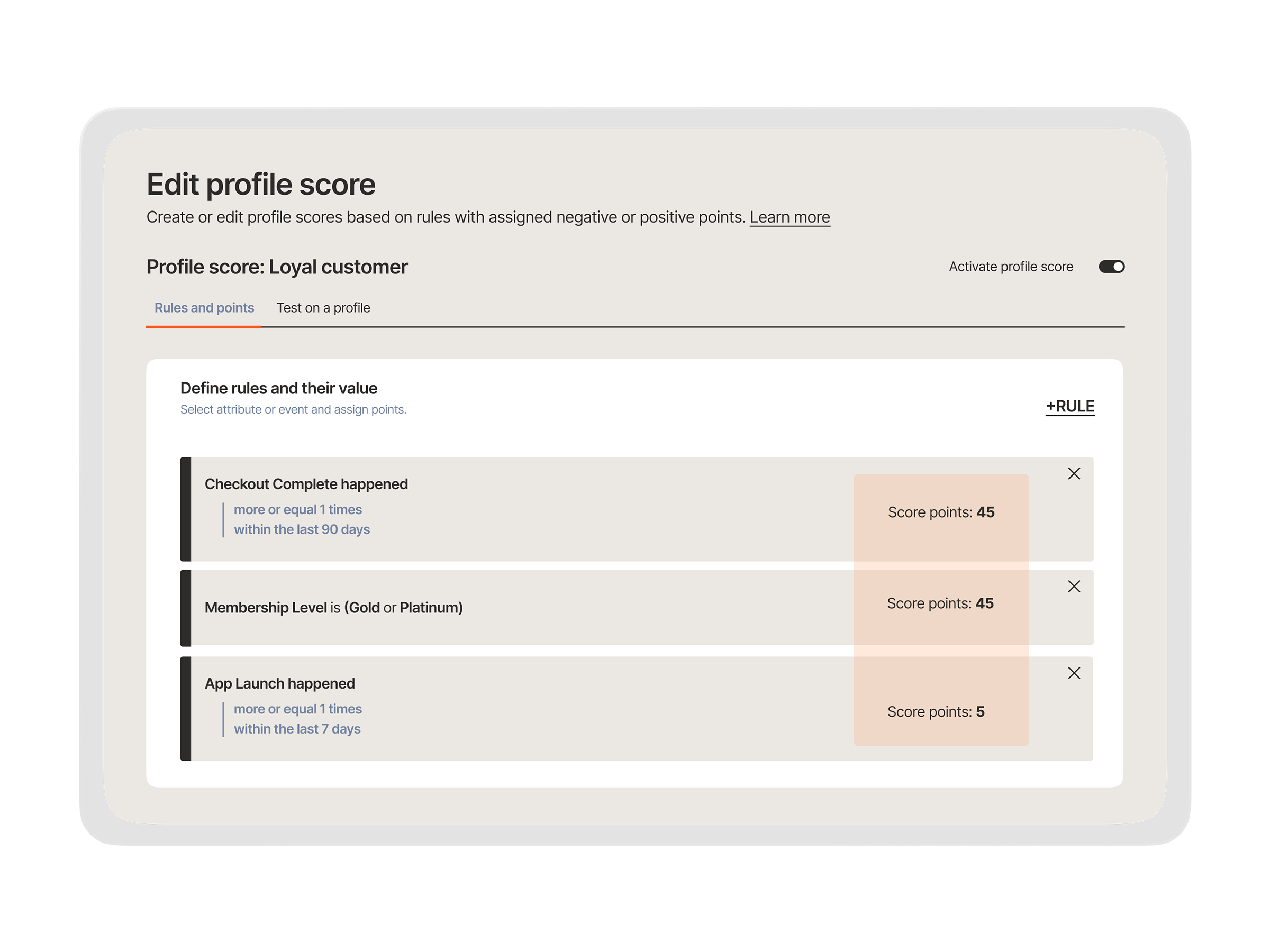 Profile scoring editor defining loyalty rules with point values for checkout completion, membership tier, and app activity