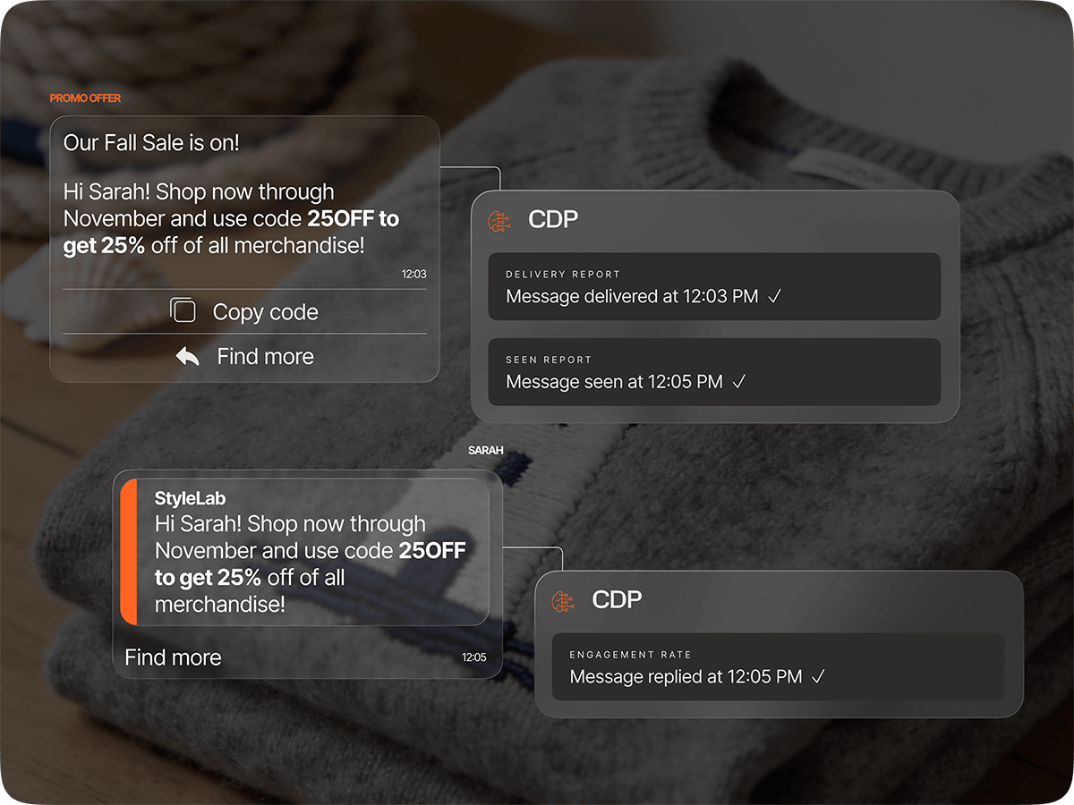 CDP capturing behavioral signals from WhatsApp promotional messages including delivery, seen, and engagement rate reports
