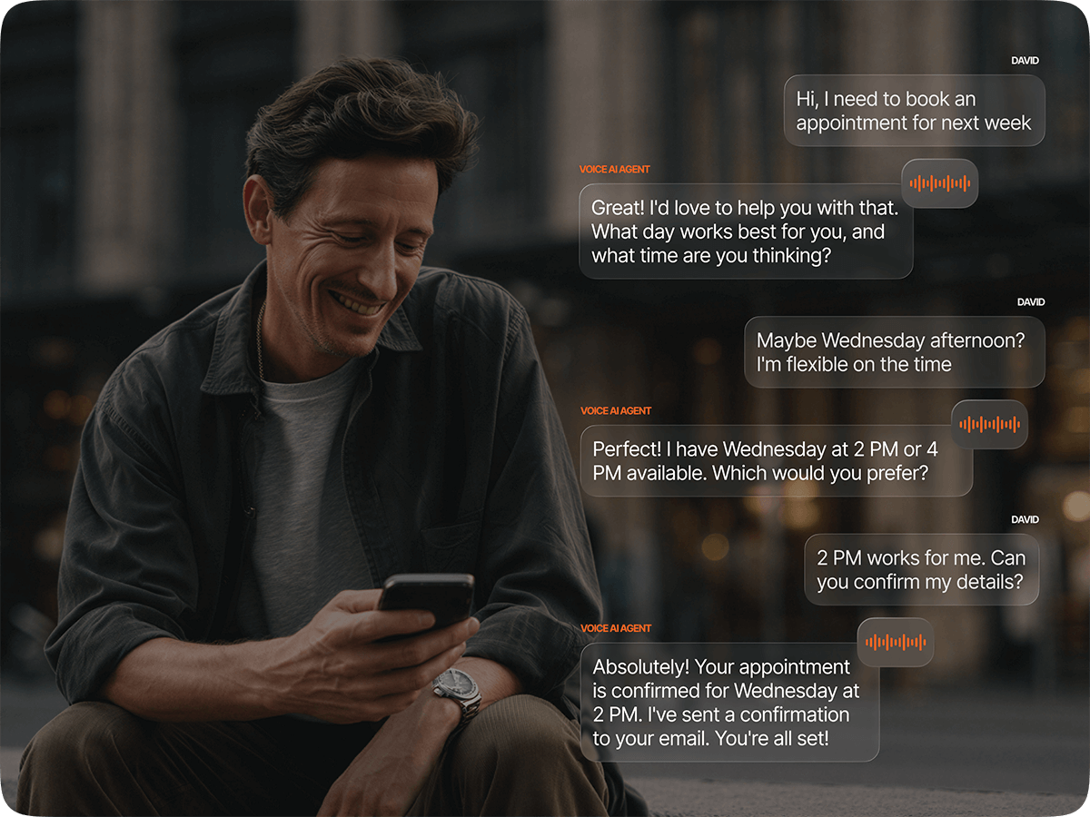 Person using a chatbot on their phone to book an appointment, with the AI assistant offering available time slots and confirming the booking