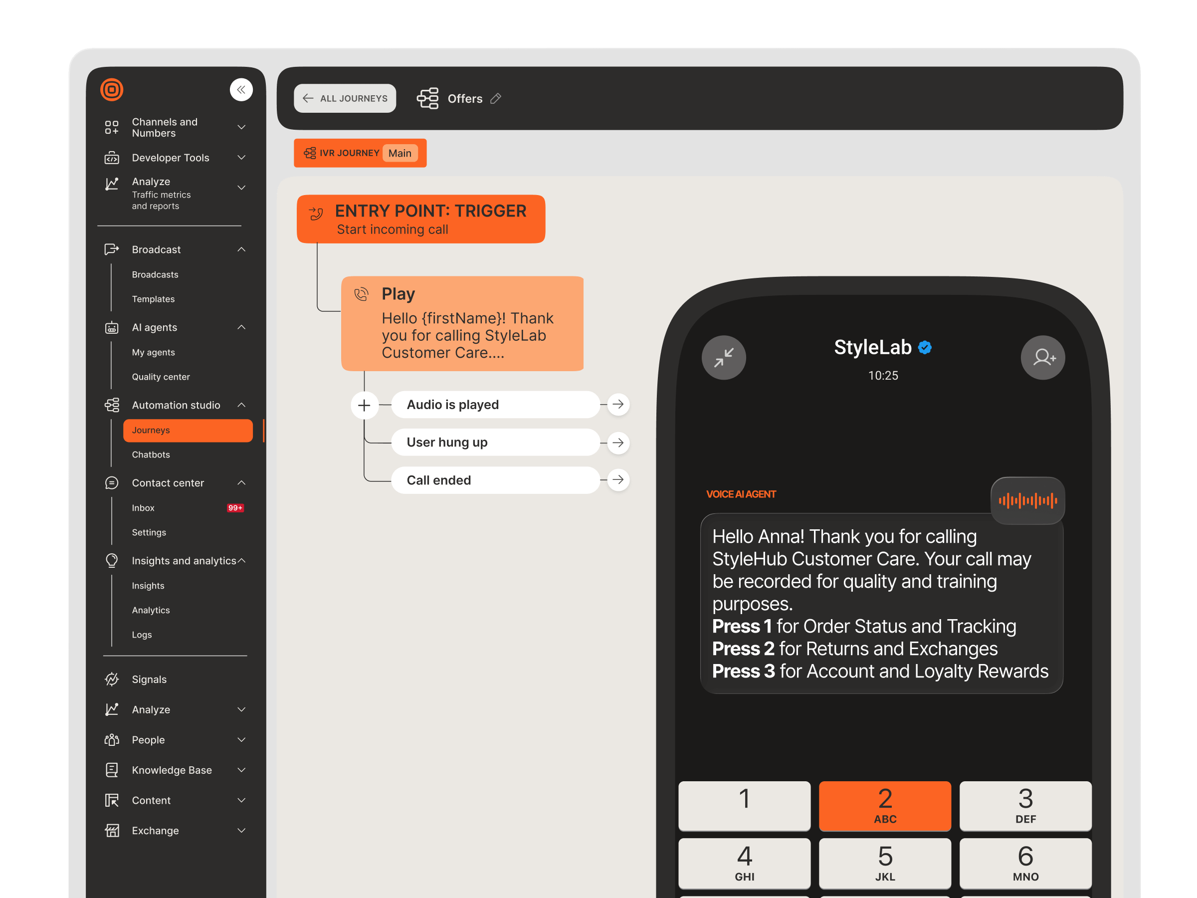 Infobip IVR journey builder with an incoming call trigger and voice AI agent greeting, alongside a phone displaying an interactive menu with options for order status, returns, and loyalty rewards