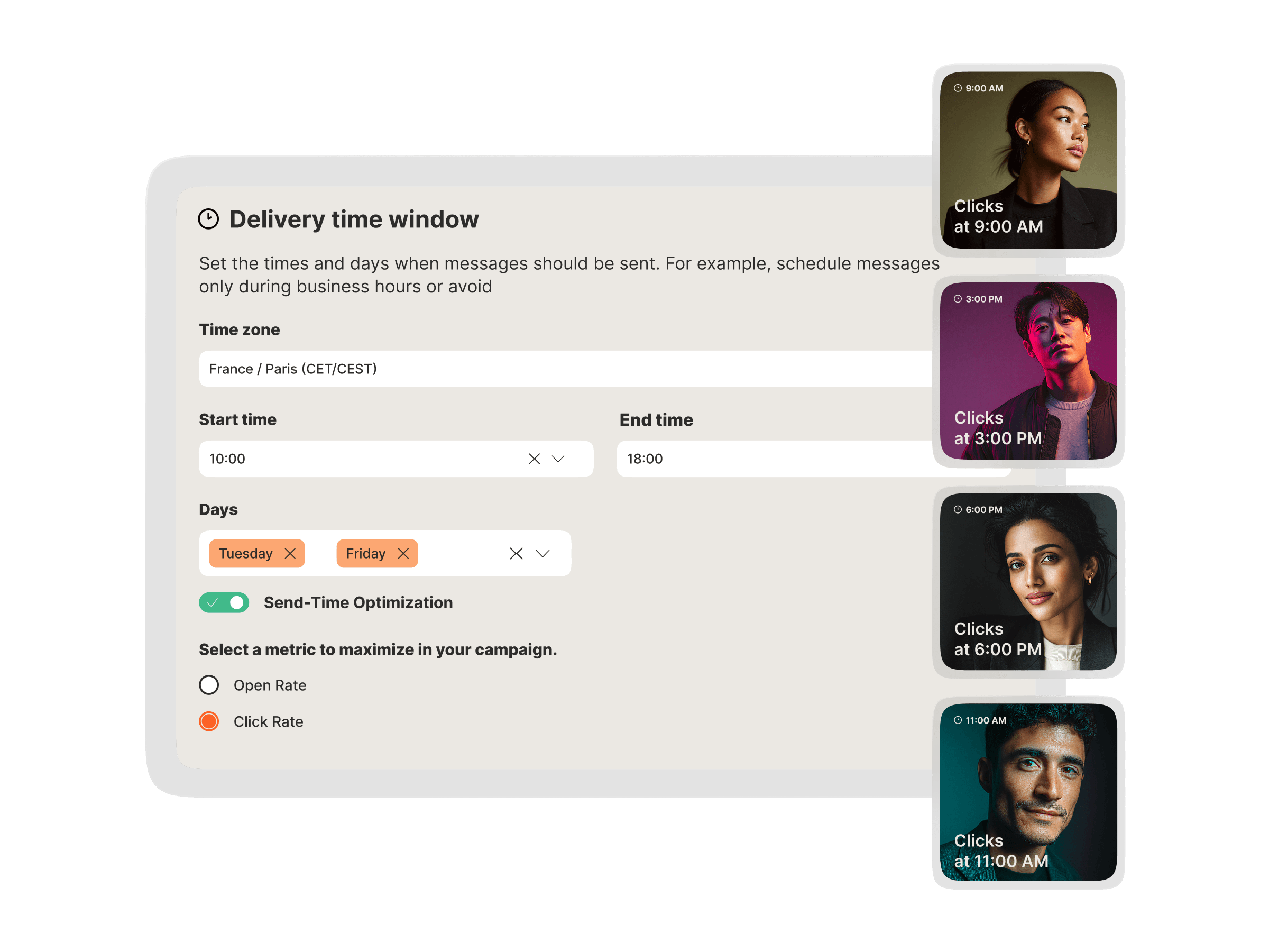 Send-time optimization settings with delivery window configuration and user profiles showing messages delivered at each person's peak engagement time throughout the day