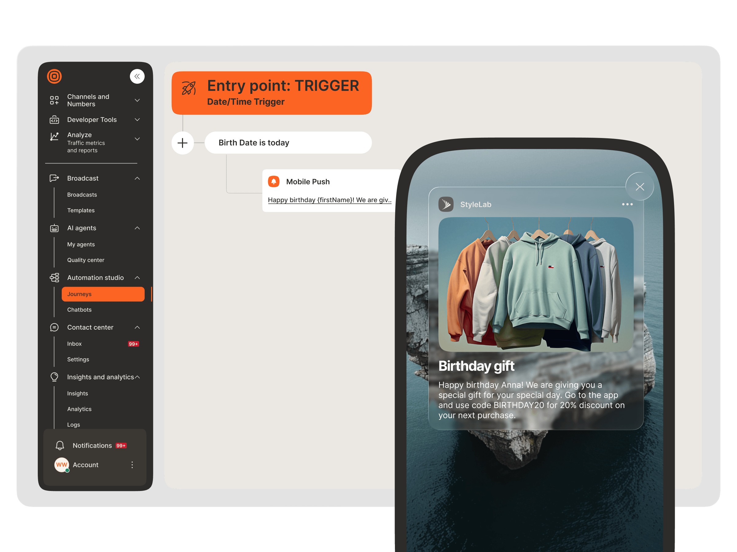Automated birthday journey triggered by a date event, sending a personalized mobile push notification with a birthday gift discount code on the StyleLab app