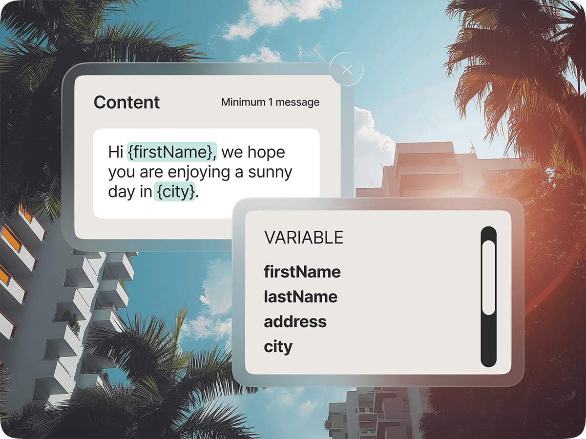 Broadcast campaign message editor with dynamic personalization variables for first name, last name, address, and city inserted into a greeting template