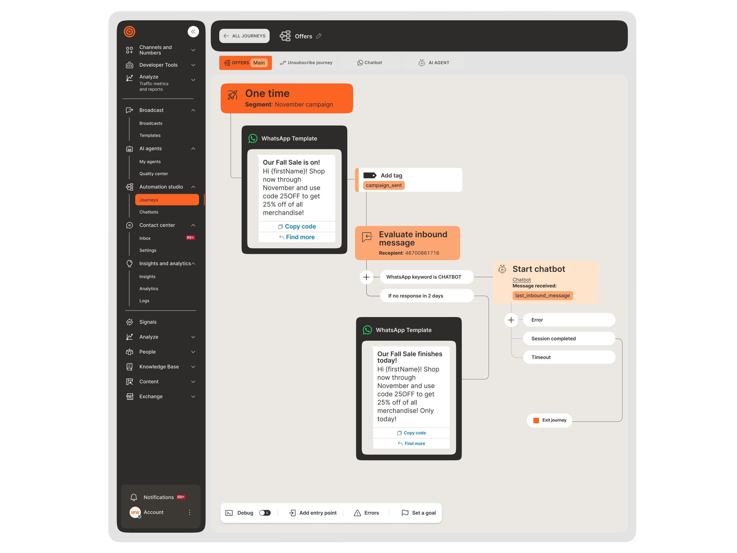 Visual journey builder with a multi-step WhatsApp campaign flow including message evaluation, keyword routing, chatbot handoff, and follow-up reminder messages