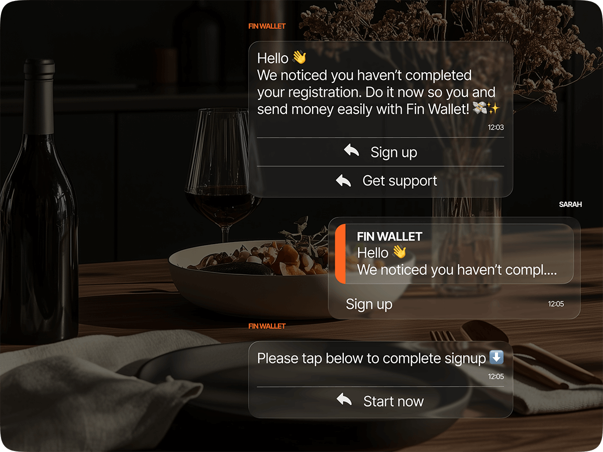 Automated retention campaign via WhatsApp encouraging a user to complete their Fin Wallet registration with escalating messages and sign-up and support action buttons