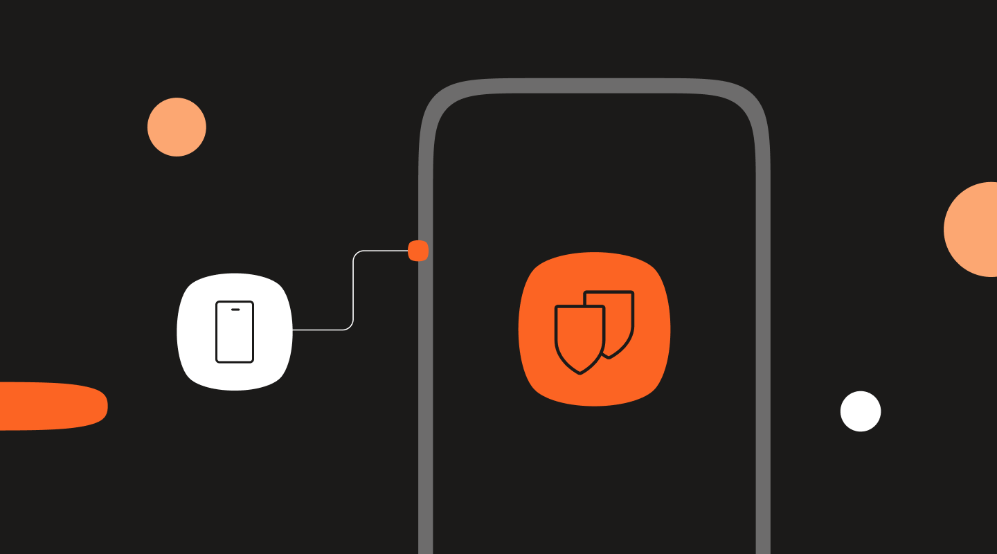 Graphic illustration showing an abstract outline of a smartphone connected by a line to a smaller icon of a phone. The smartphone screen displays an orange square icon with two overlapping shield symbols, representing security or protection.