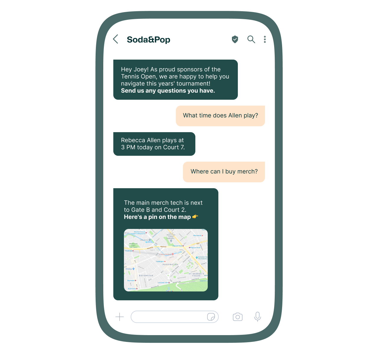 WhatsApp chat conversation with Soda&Pop providing tennis tournament assistance: a greeting message about navigating the tournament, a question about Allen's playtime answered with 'Rebecca Allen plays at 3 PM today on Court 7,' and a question about buying merchandise answered with a message stating the main merch tech is next to Gate B and Court 2, including a small map pinning that location.