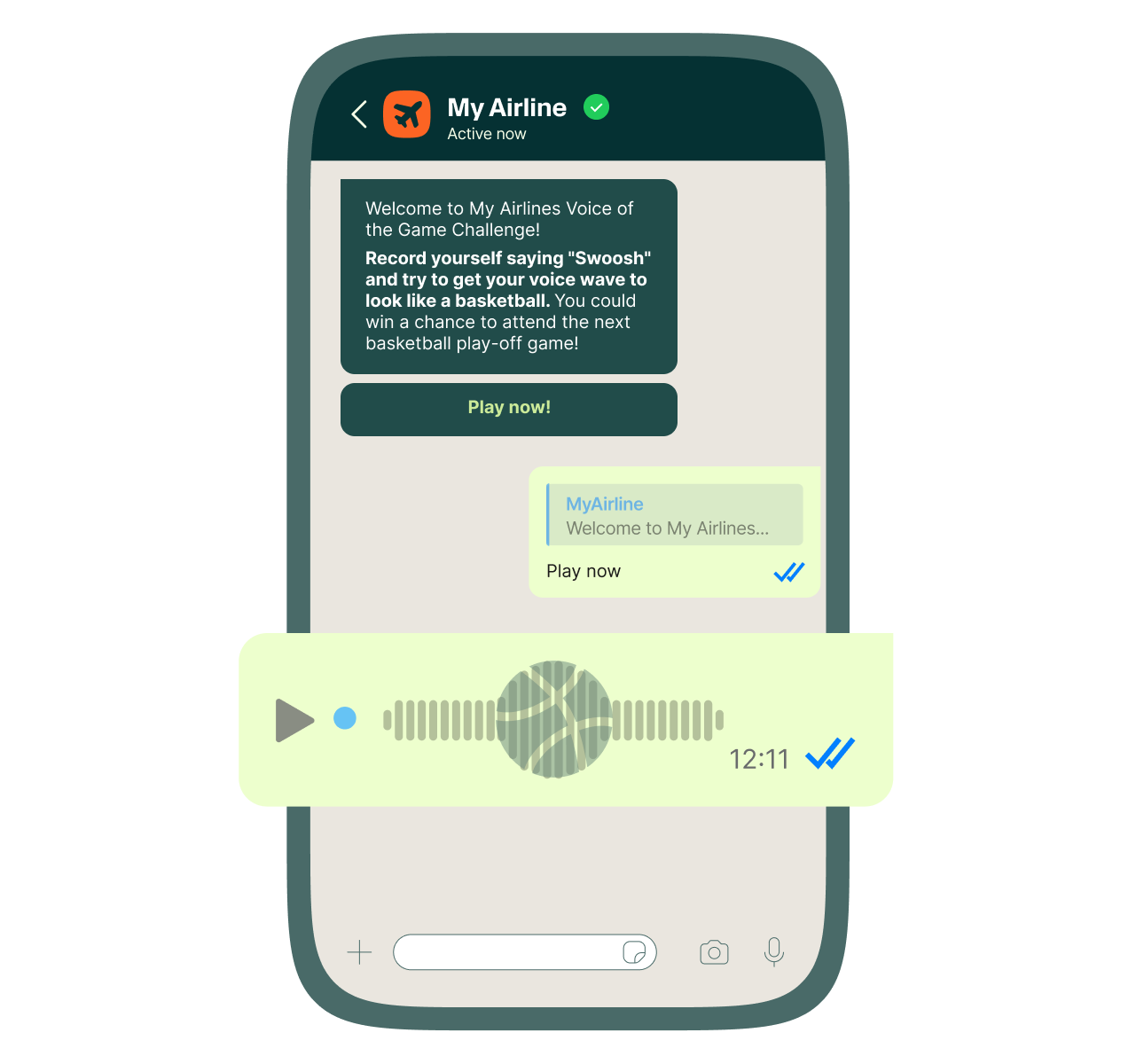 Mobile phone screen showing a chat with "My Airline" app inviting the user to record themselves saying “Swoosh” to create a basketball-shaped voice wave for a chance to attend a basketball playoff game, with a voice message playing at the bottom of the screen.