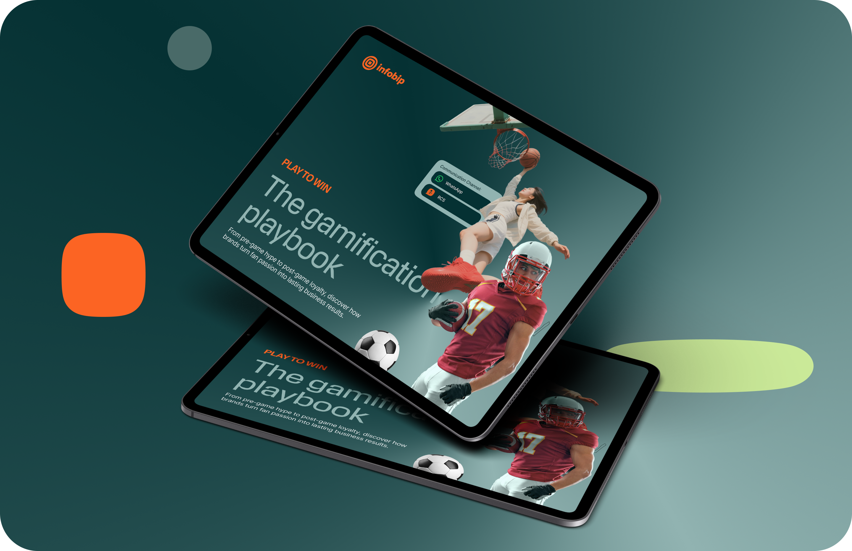 A promotional image featuring two tablets displaying a digital booklet titled "PLAY TO WIN: The gamification playbook" by Infobip. The booklet cover features a female basketball player attempting a slam dunk and an American football player in uniform holding a football, with a soccer ball nearby. The background gradient is teal with scattered abstract shapes in orange and green. The Infobip logo appears in the top left corner.