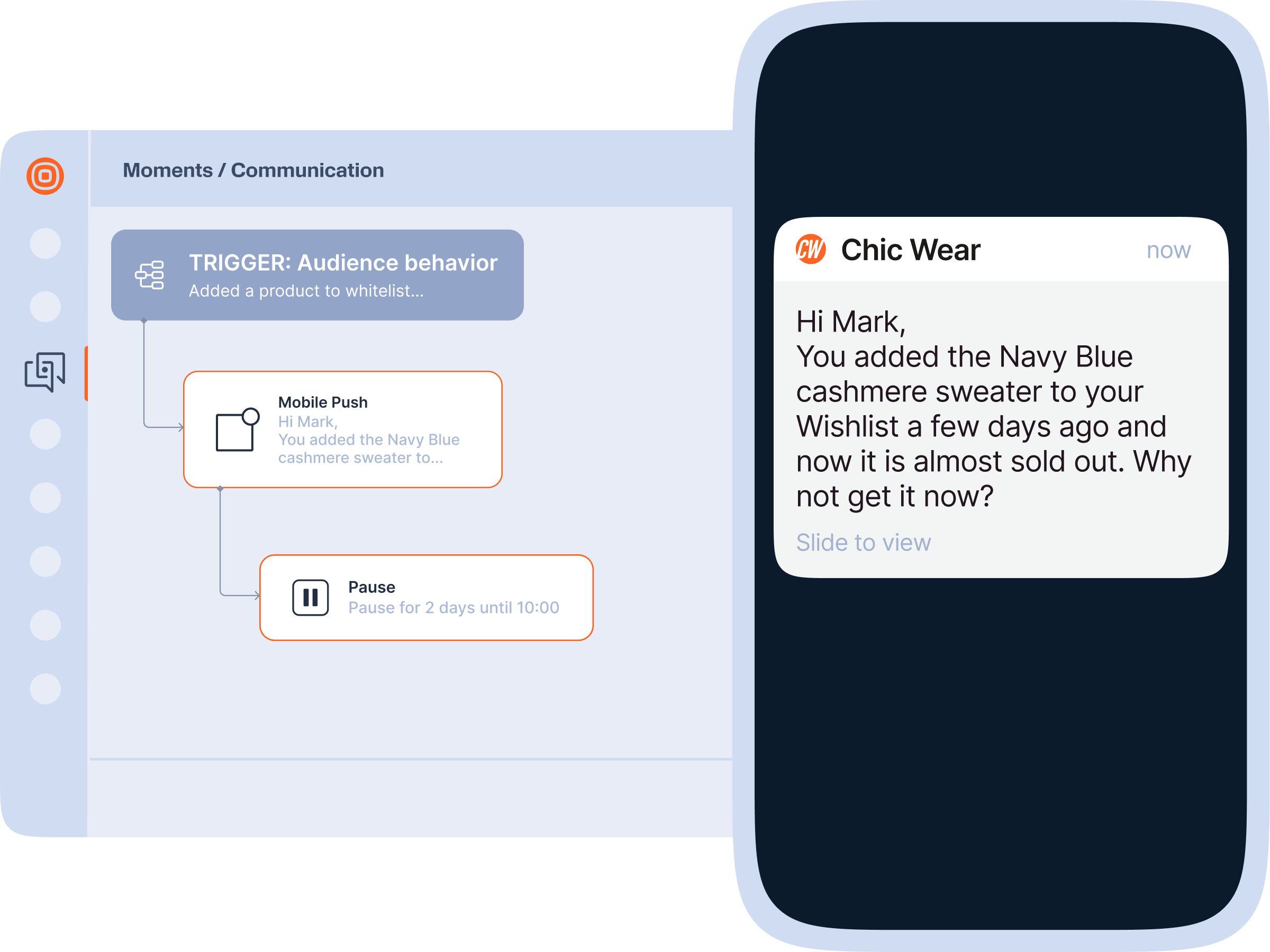 A split view showing a workflow interface on the left and a mobile push notification screen on the right. The workflow on the left is titled "Moments / Communication" and includes a trigger labeled "Audience behavior Added a product to whitelist," leading to a "Mobile Push" step with a message preview: "Hi Mark, You added the Navy Blue cashmere sweater to..." followed by a "Pause" step for 2 days until 10:00. On the right, a mobile push notification from "Chic Wear" says: "Hi Mark, You added the Navy Blue cashmere sweater to your Wishlist a few days ago and now it is almost sold out. Why not get it now?" with an option to "Slide to view."