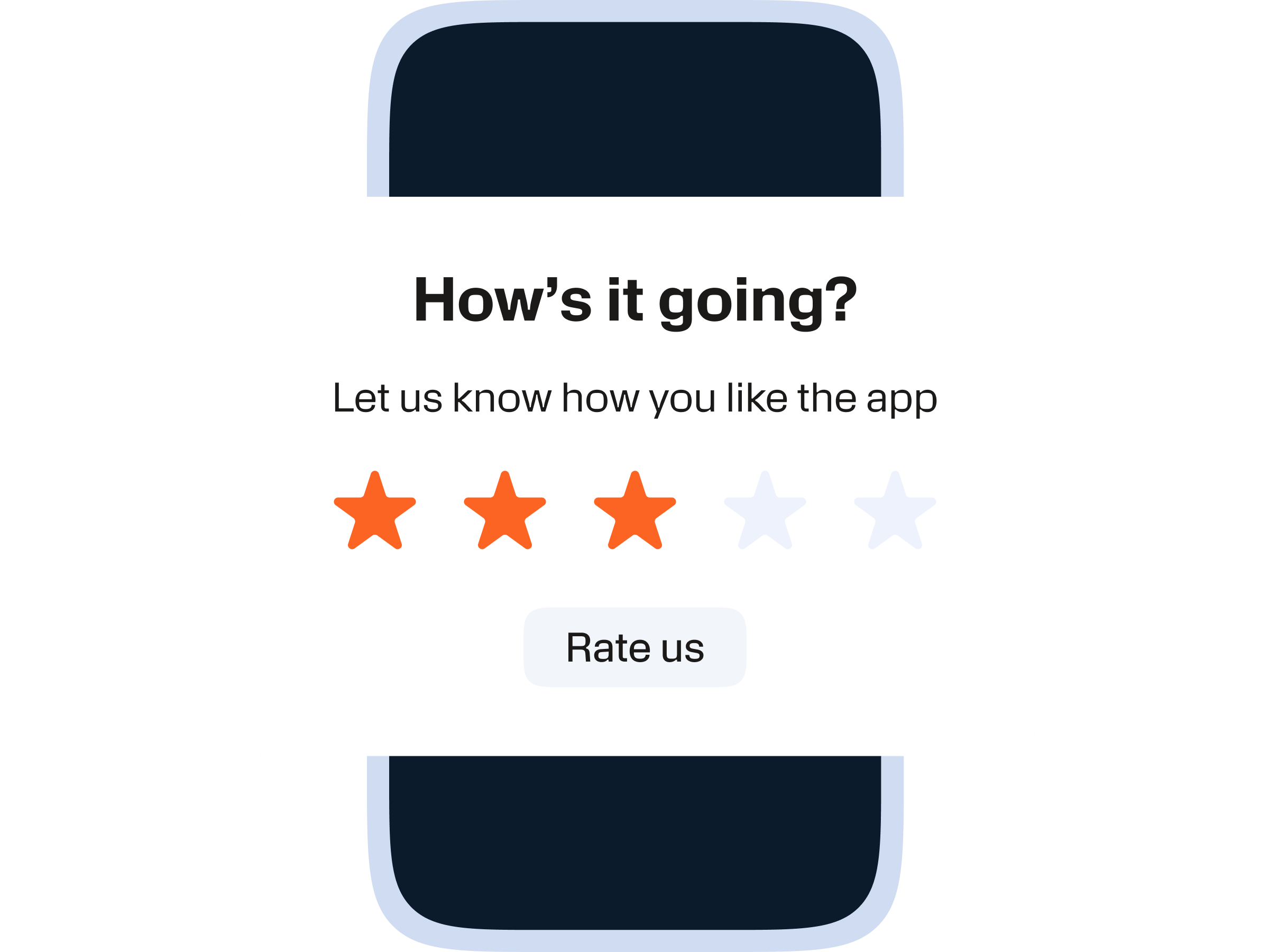A smartphone screen shows a feedback prompt with the bold header "How’s it going?" followed by the text "Let us know how you like the app." Below are three orange stars and two gray stars representing a 3-star rating out of 5. A gray button labeled "Rate us" is at the bottom.