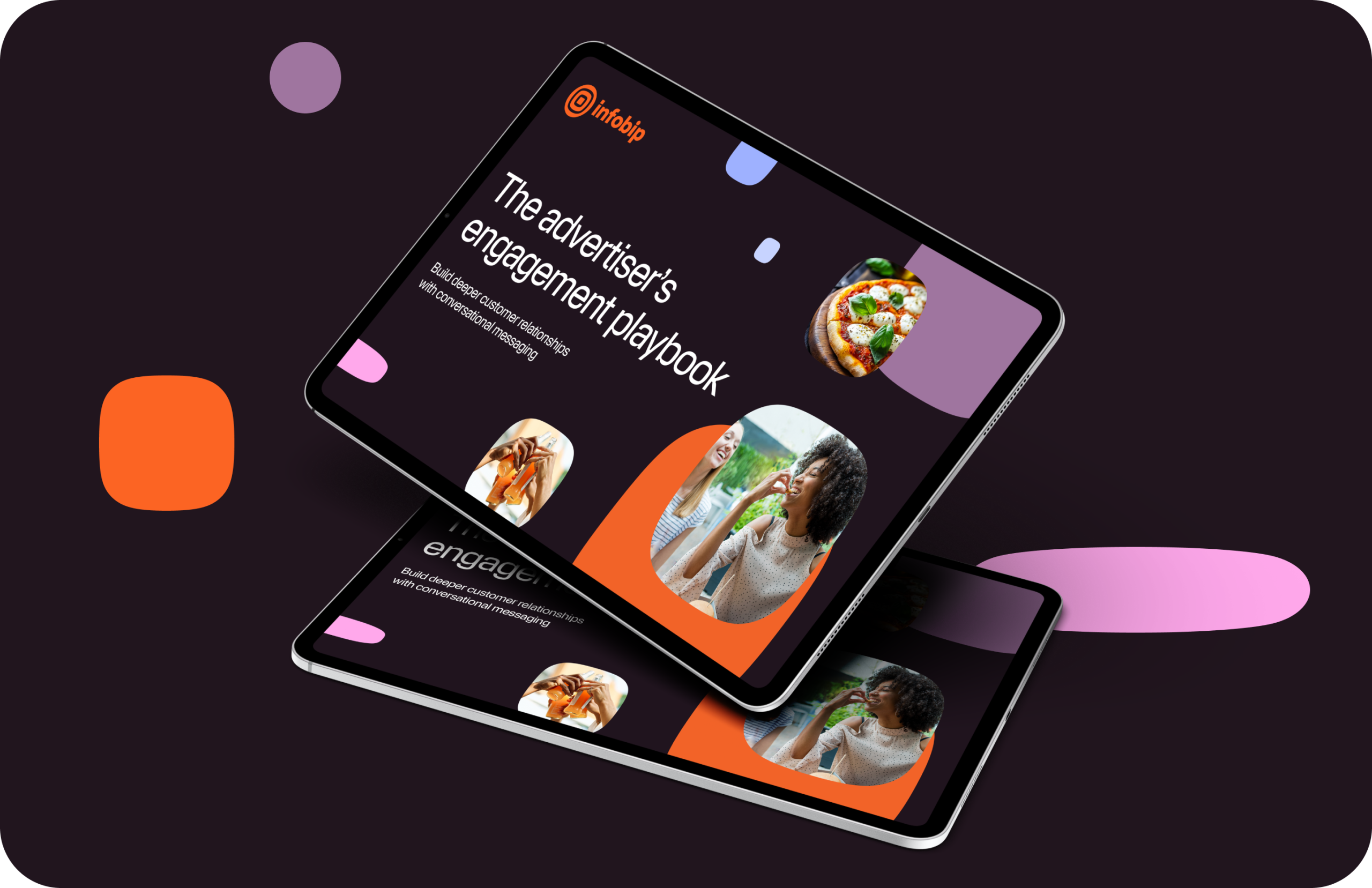 Tablet displaying the cover of The advertiser's engagement playbook by Infobip, featuring images of people enjoying food and drinks, on a bold branded background.