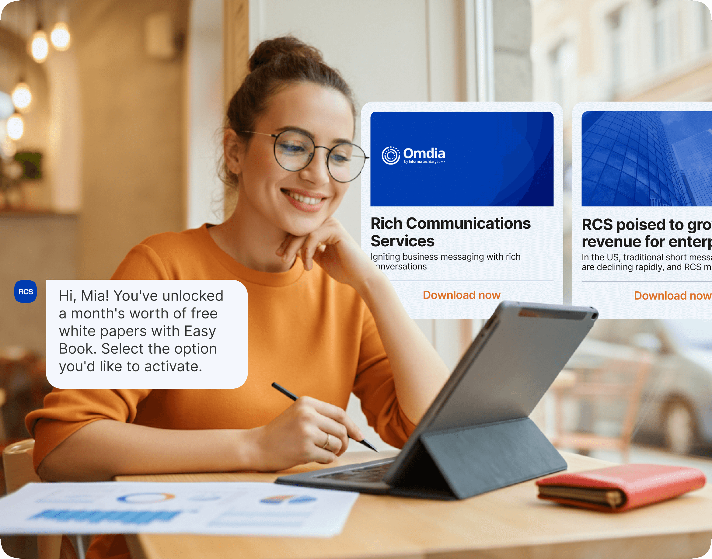 A woman working at a café table on a tablet. A message reads, “Hi, Mia! You’ve unlocked a month’s worth of free white papers with Easy Book. Select the option you’d like to activate.” Beside it are two Omdia cards: “Rich Communications Services—Igniting business messaging with rich conversations” and “RCS poised to grow revenue for enterprise,” each with “Download now.”
