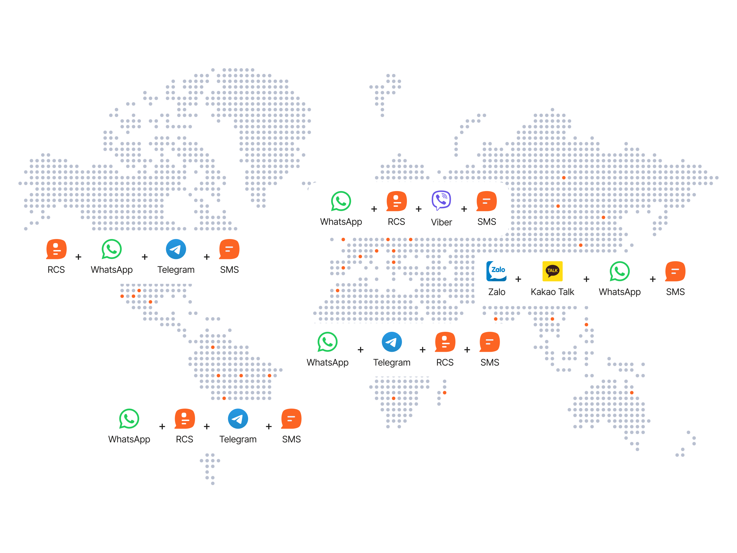 World map highlighting regions with pop-up icons illustrating various combinations of messaging channels such as RCS, WhatsApp, Telegram, Viber, Zalo, Kakao Talk, and SMS for global communication delivery.