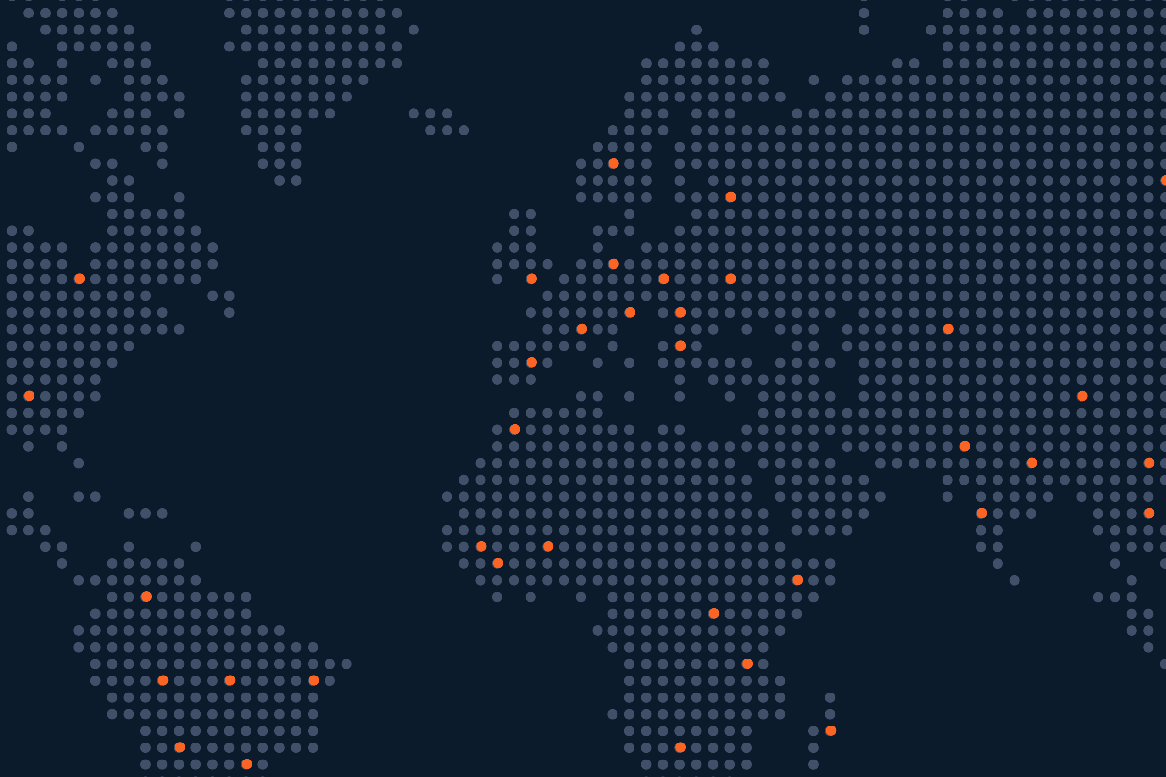 Stylized dotted world map with several orange dots highlighting specific global locations.