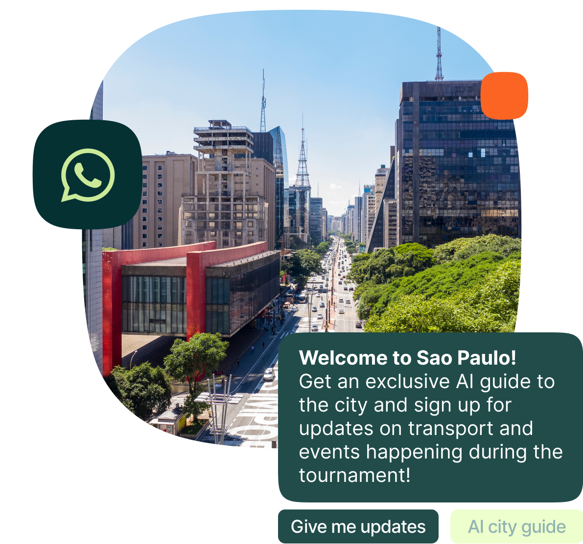 A wide daylight view of a busy urban street in São Paulo featuring the iconic red and glass structure of the São Paulo Museum of Art on the left, with tall city buildings and green trees lining the road. Overlaid on the image is a dark green chat bubble with the message: “Welcome to Sao Paulo! Get an exclusive AI guide to the city and sign up for updates on transport and events happening during the tournament!” Below the message are two buttons labeled “Give me updates” and “AI city guide.” A WhatsApp icon is visible on the left side.