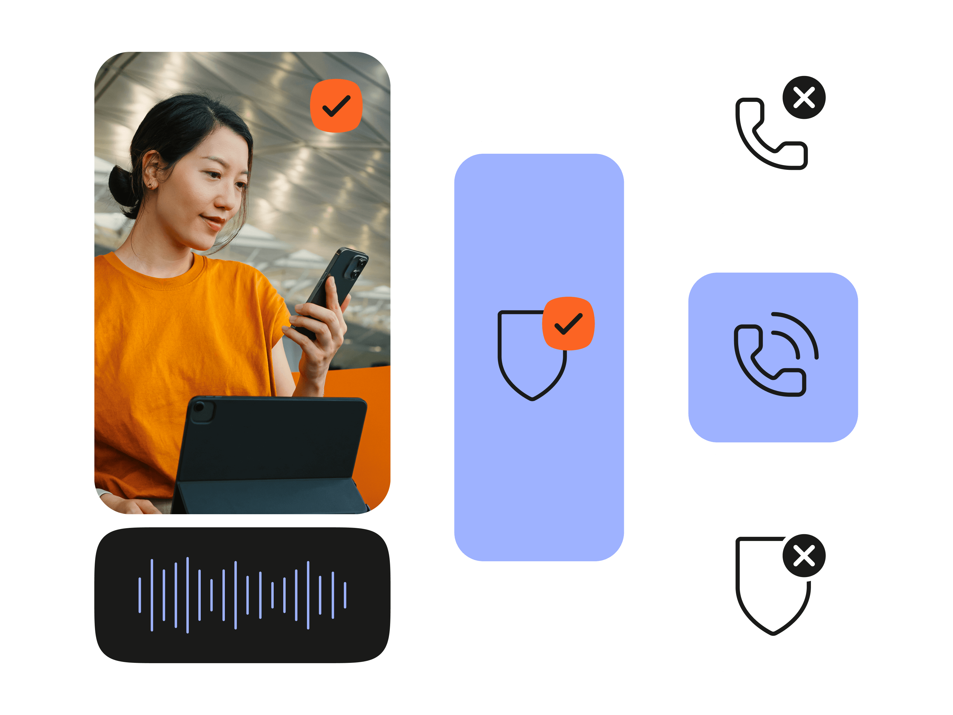 Illustration of a person using a smartphone and laptop, with interface icons showing call blocking and security approval. Check marks indicate allowed actions, while crossed-out phone and shield icons indicate blocked calls and denied access, representing voice compliance and call protection.